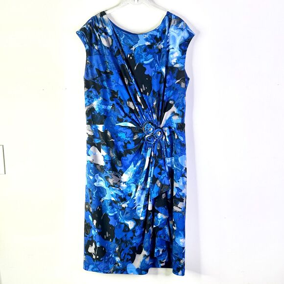 Jones New York Dress Women 14 Blue Floral Rosette Ruched Cap Slv Ruffle Elegant - Picture 3 of 10